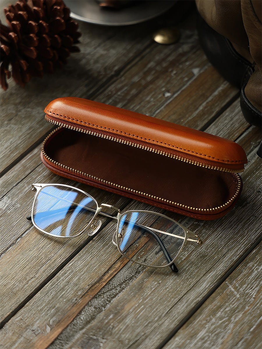 Retro Handmade Leather Glasses Case Pen Box | Full Cover