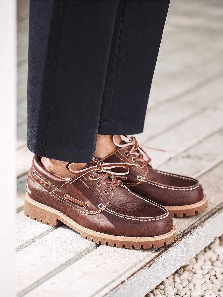 Retro Style Cowhide Laces Boat Shoes SaddleBrown 7